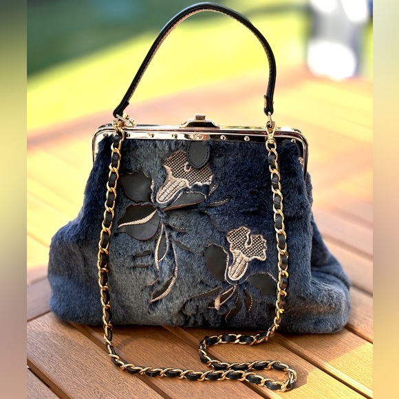Terrida Blue Fur Leather Appliqué Top Handle Bag - Picture 1 of 8
